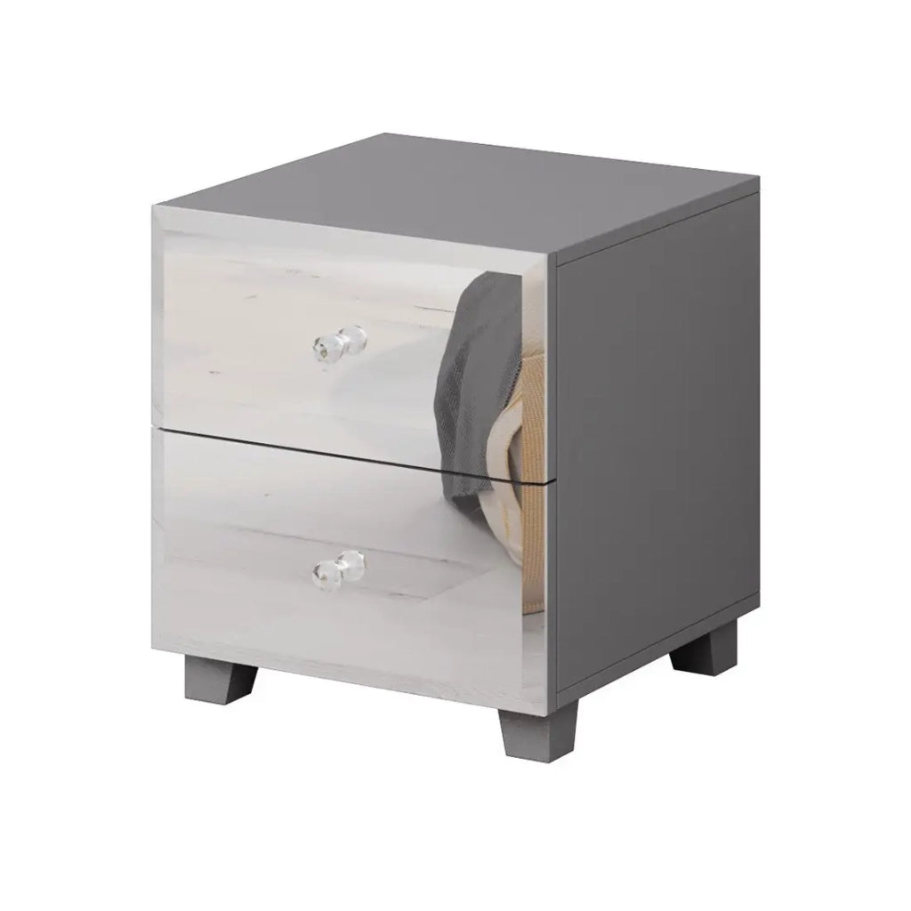Tavolino da notte LIVORA – 2 cassetti – Grigio e specchi – Design moderno