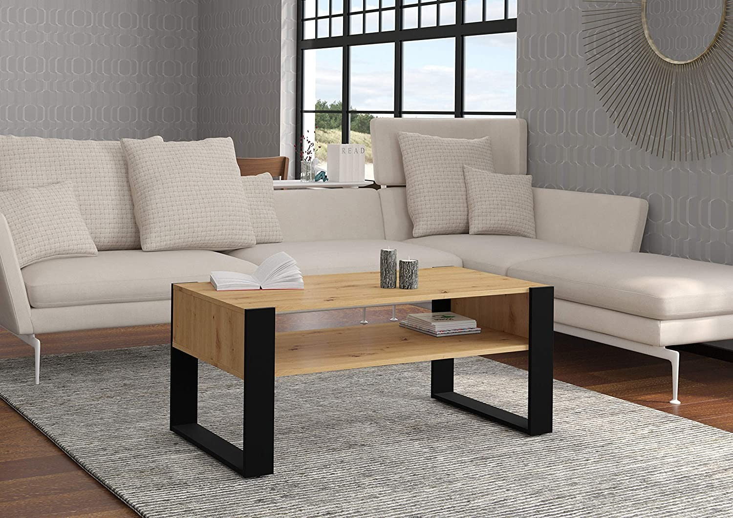 Tavolino da Caffè Nuka Cm 110 x 60 x 48H colre Rovere Rustico e gambe Nere