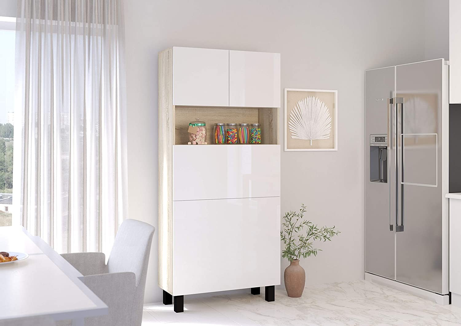 Mobile Libreria e Scrivania pieghevole frontali Bianco Lucido struttura Rovere