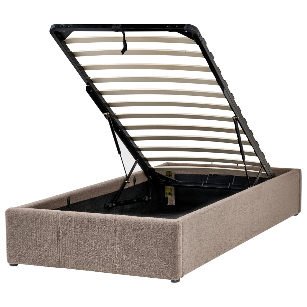 Letto singolo con contenitore in tessuto bouclè tortora 90 x 200 cm portaoggetti stile moderno
