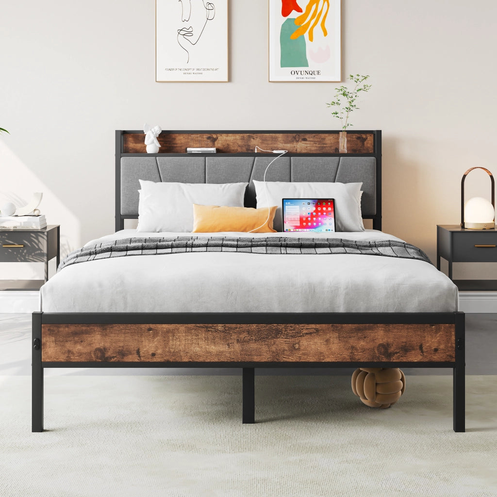 Struttura letto 120 × 200 cm con testiera contenitore; LED; USB e presa; metallo e MDF marrone antico