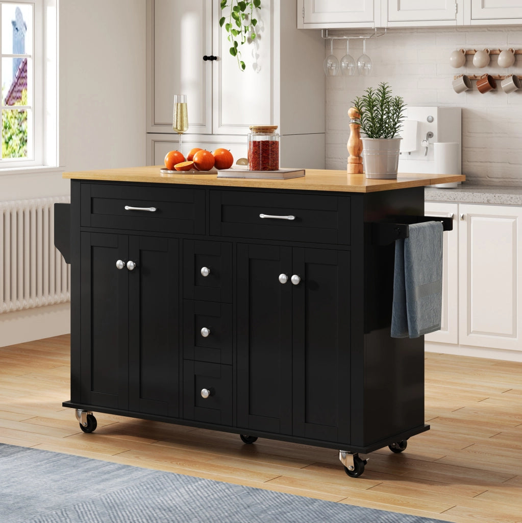 Carrello da cucina estensibile con piano ribaltabile; cassetti e ruote; MDF nero naturale