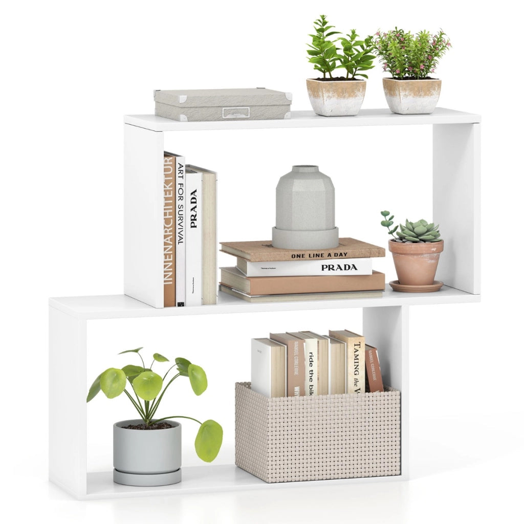 Libreria in legno autoportante con 2 scomparti cubici per esposizione e organizzazione, Libreria geometrica a 3 livelli Bianco-Librerie