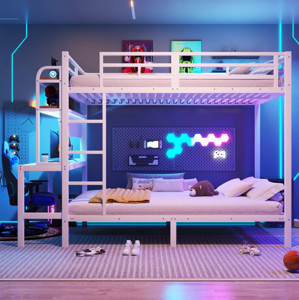 Letto a castello 140x200 cm in metallo e MDF; con scrivania; ripiani; LED e USB; bianco