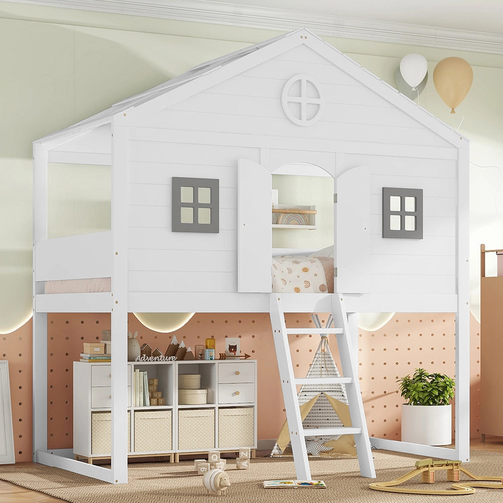 Letto Casa Bambini – Xylo – 90x200cm, Scala, Protezione Anti-Caduta, 2 Finestre Grigie, Ripostiglio Sottoletto, Bianco/Grigi