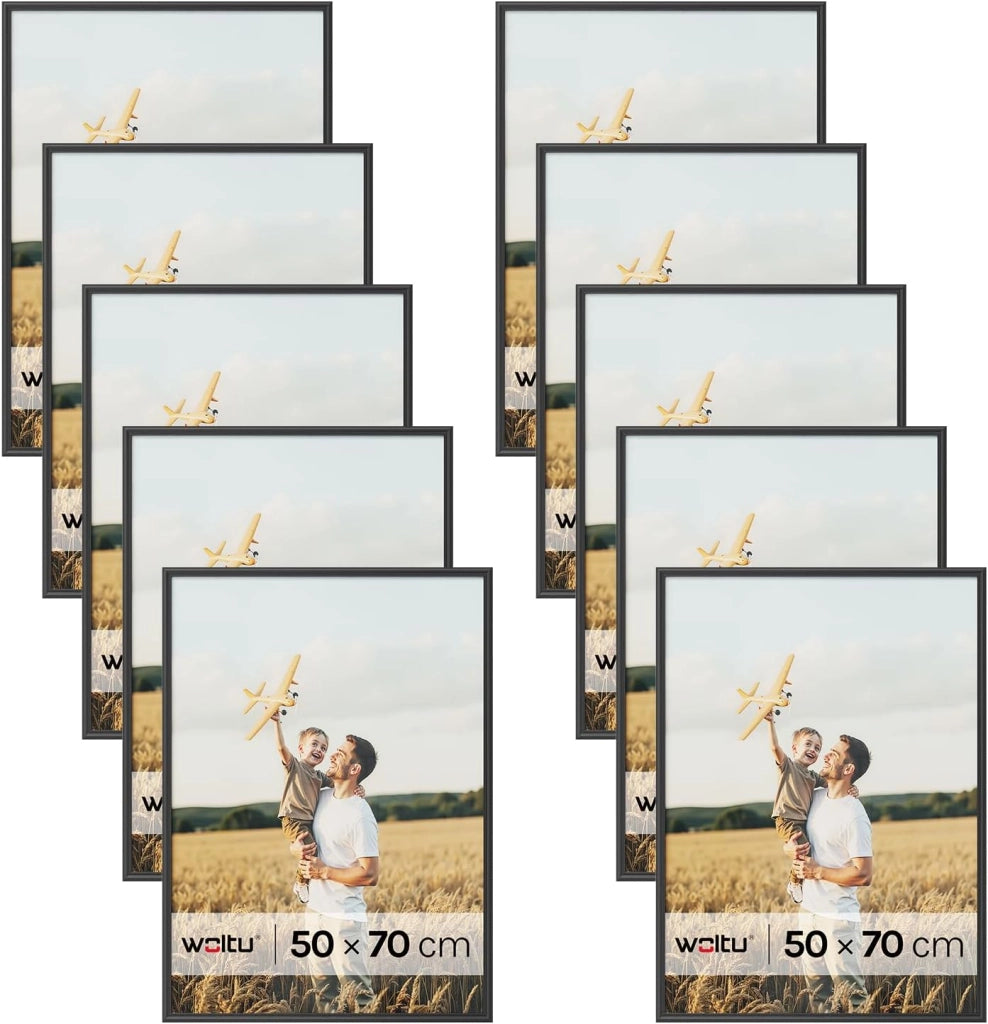 Set di 10 Cornici Foto 50x70 cm con Passepartout, Portafoto da Parete e Tavolo, Verticale o Orizzontale, in Legno Massiccio, Nero