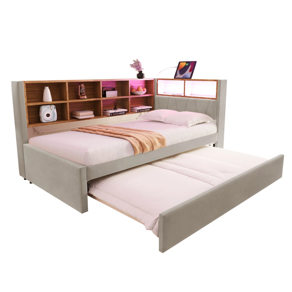 Letto Singolo Imbottito con LED e Contenitore ¨C MINIMAL ¨C Flanella, Grigio Chiaro, 90x200
