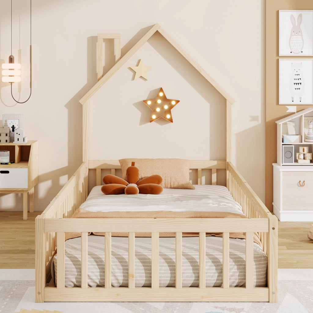 DESMIU Letto per bambini 1 posto con barriera di sicurezza e design a camino, 90 × 200 cm, senza materasso