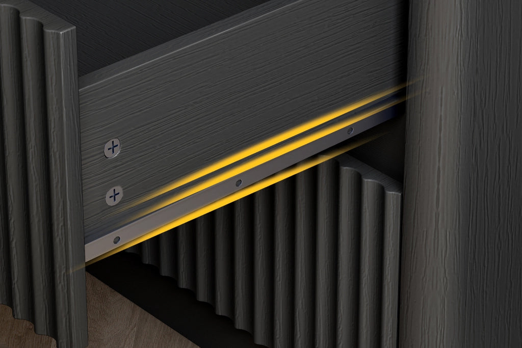 Comodino con 3 cassetti in MDF nero con guide ammortizzate, maniglie dorate e angoli arrotondati 58 × 38 × 64 cm