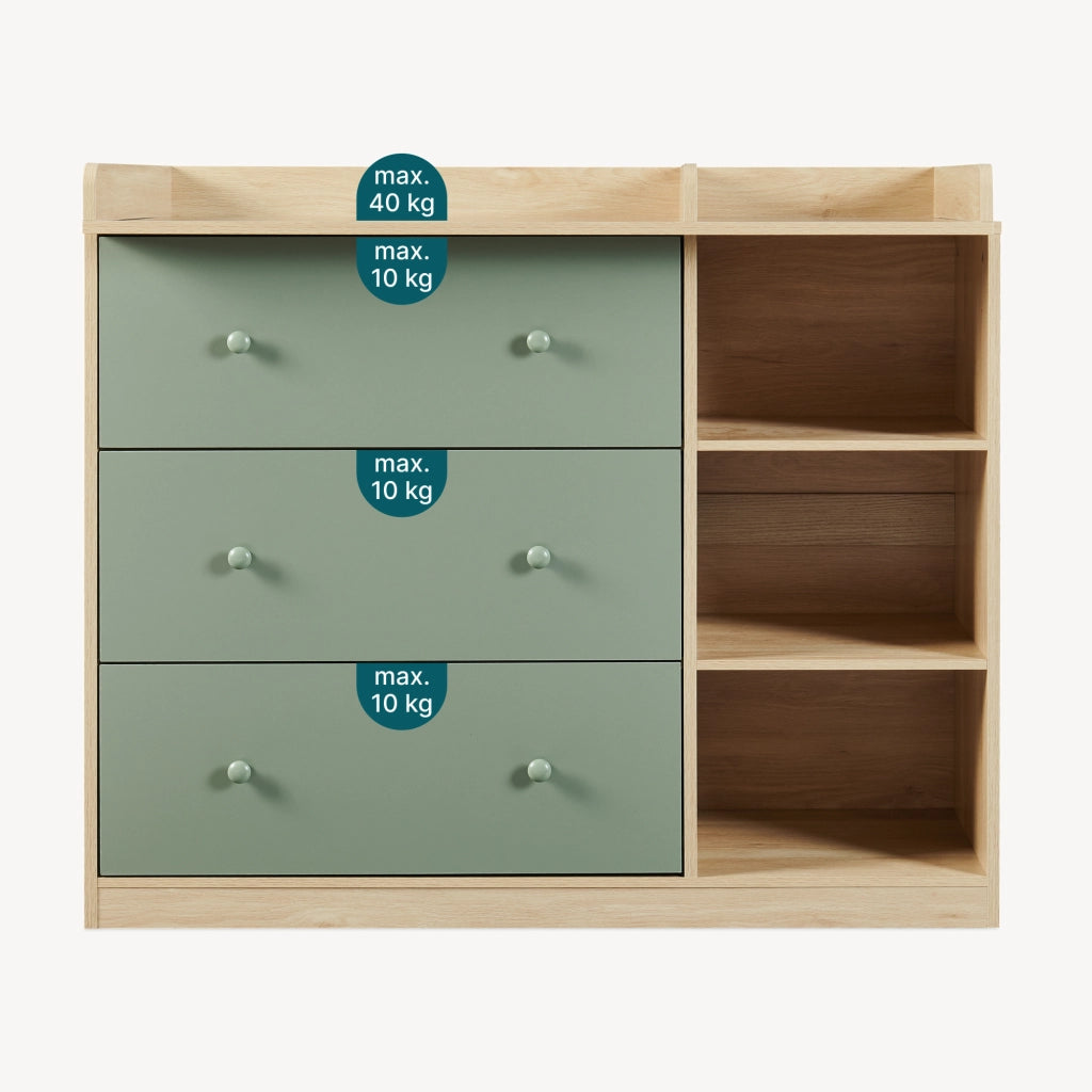 Cassettiera Beldinupp con Piano Fasciatoio Rimovibile 93 x 110 x 55 cm - Effetto Rovere / Verde [en.casa]