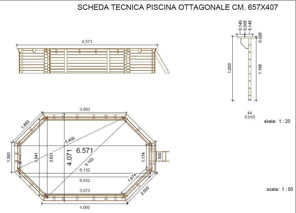 PISCINA OTTAGONALE IN LEGNO IMPREGNATO DIAMETRO CM.657X407X120H