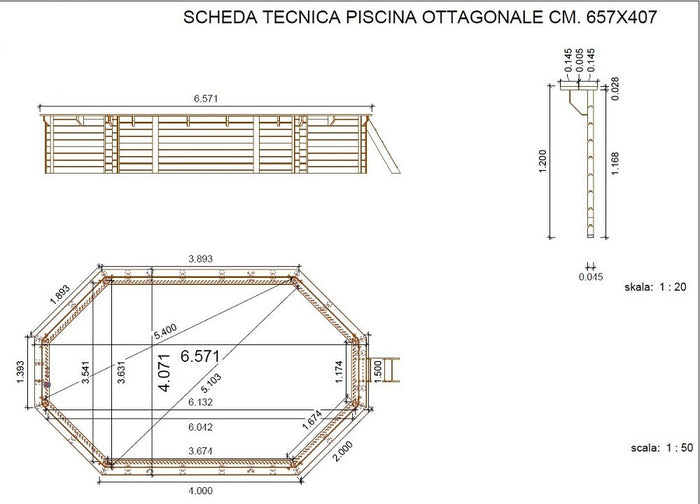 PISCINA OTTAGONALE IN LEGNO IMPREGNATO DIAMETRO CM.657X407X120H