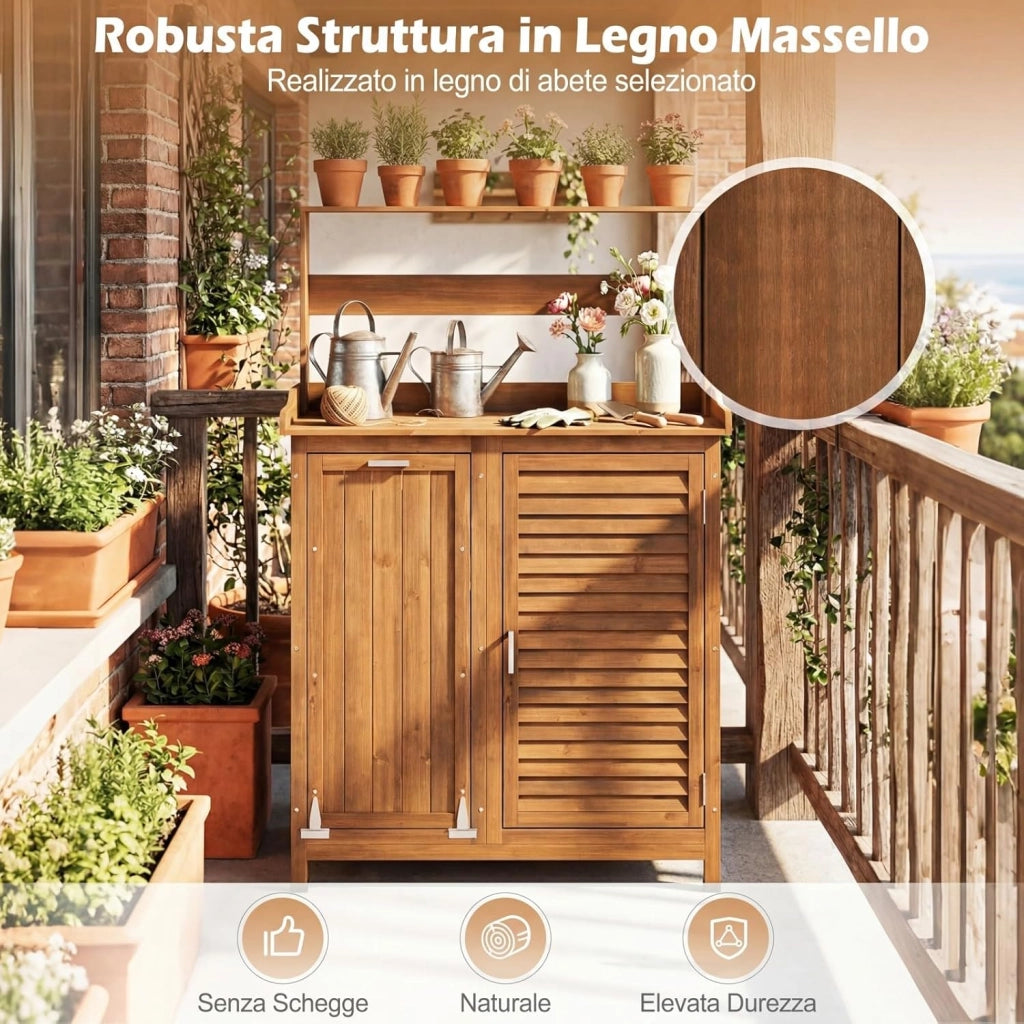 Tavolo da Giardinaggio, Armadietto da Esterno in Legno Massello con Ripostiglio, Ripiani Rimovibili e 2 Ante, Tavolo da Lavoro per Piante da Giardino, Prato e Cortile