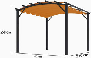 Pergola Foresta gazebo in alluminio ad arco con telo retrattile colore ruggine, dimensioni 340x330x240H