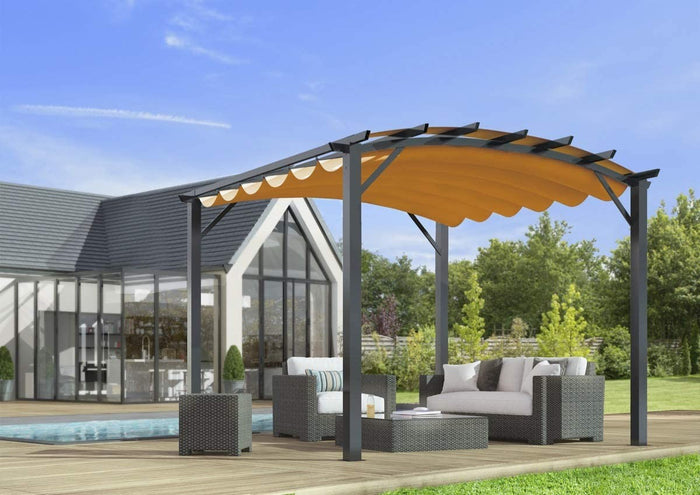 Pergola Foresta gazebo in alluminio ad arco con telo retrattile colore ruggine, dimensioni 340x330x240H