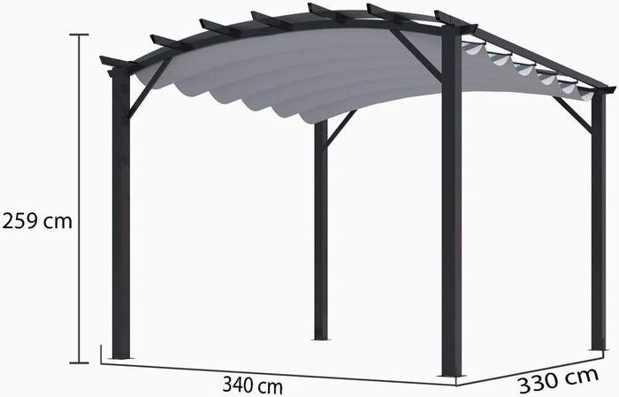 Pergola Foresta gazebo in alluminio ad arco con telo retrattile colore grigio 280g/mq dimensioni 340x330x240H