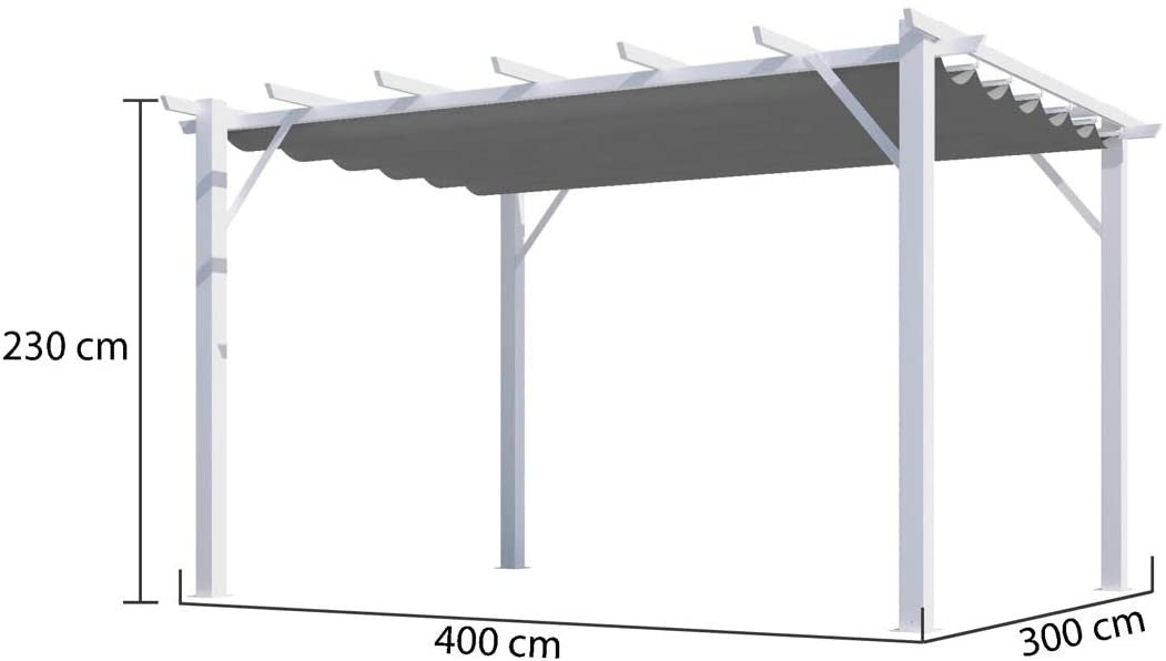 Pergola Foresta gazebo in alluminio colore bianco con telo retrattile grigio 140g/mq, dimensioni 400x300x230H