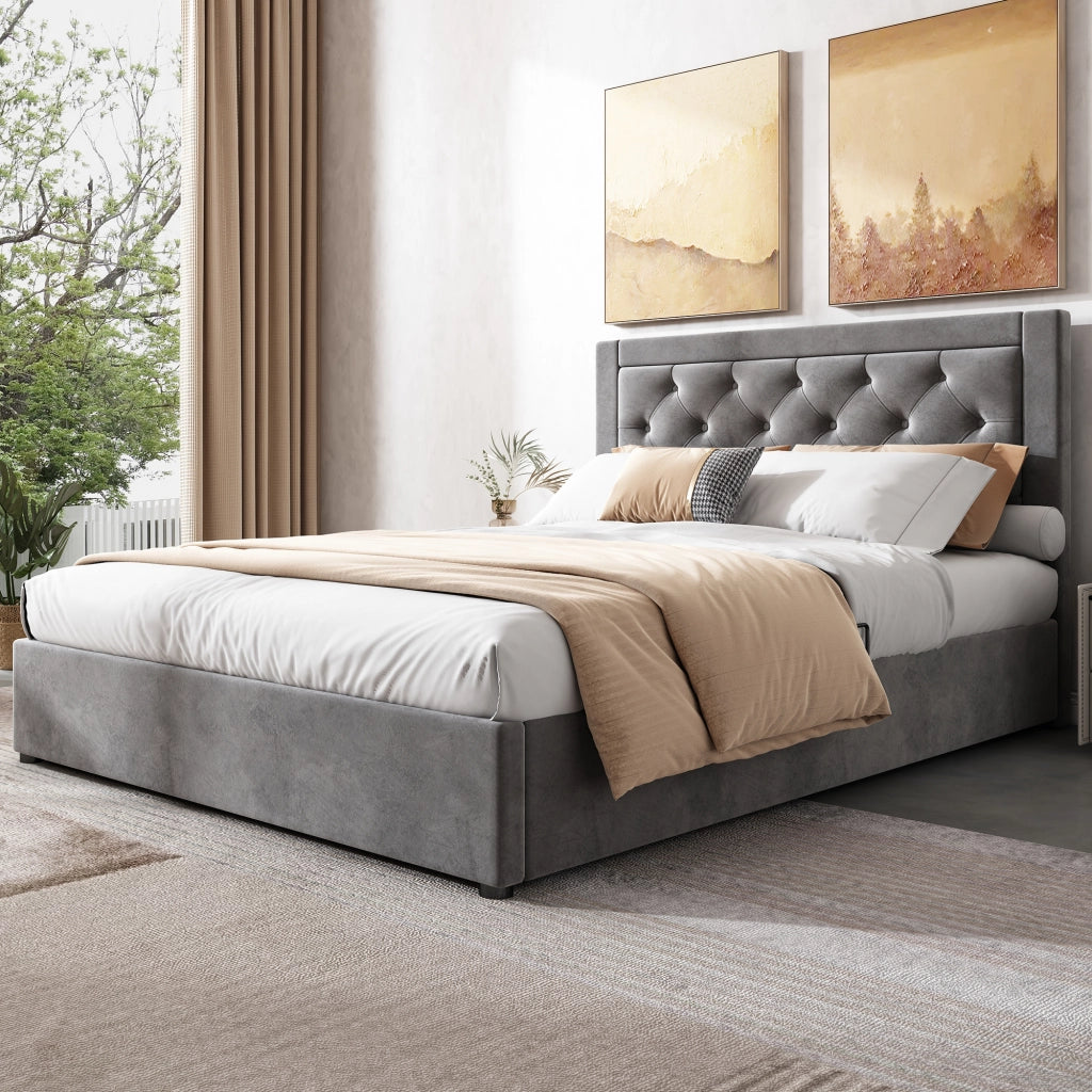 LETTO Contenitore 140x200 cm Grigio in velluto con struttura in acciaio