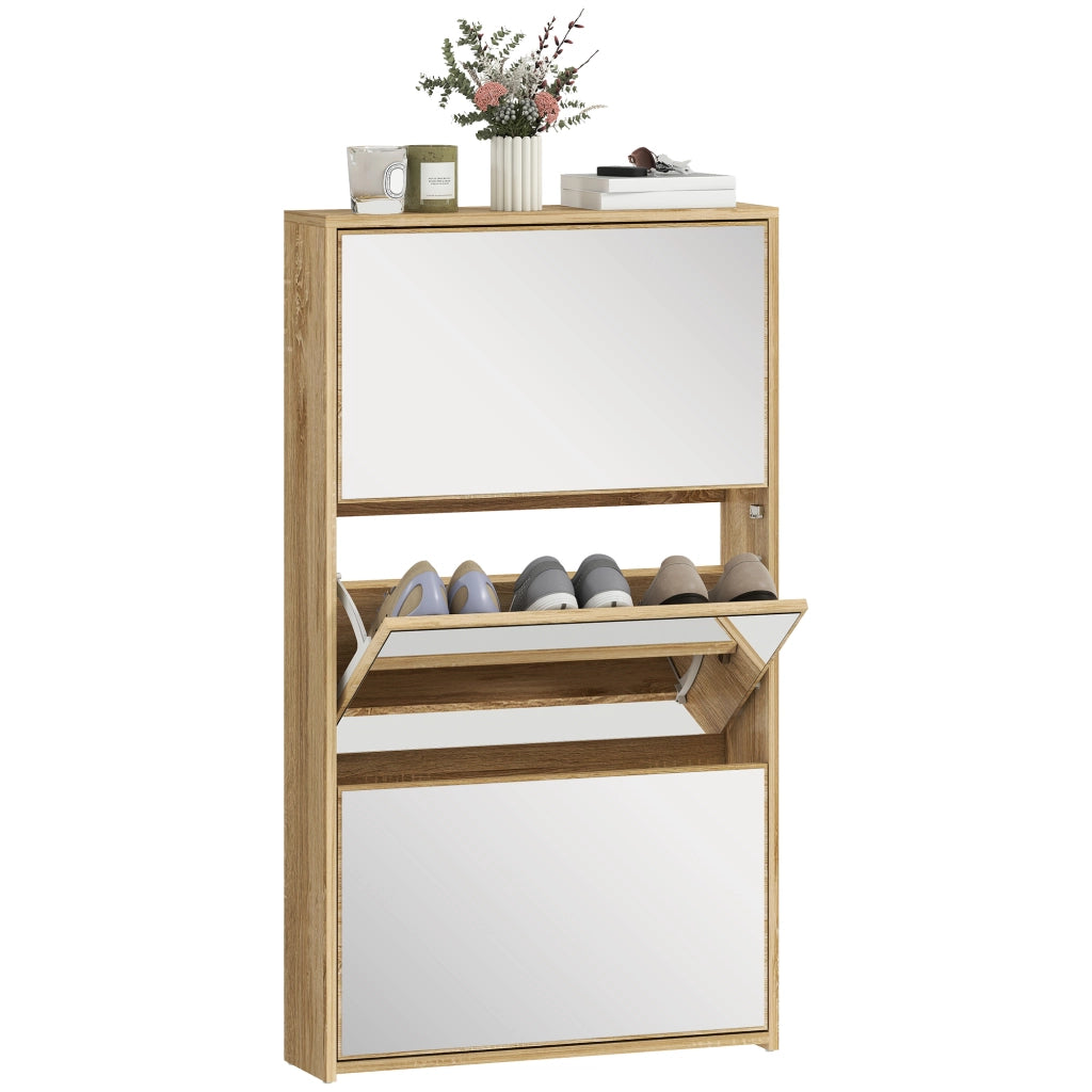 Scarpiera con specchio e 3 ante per ingresso ¨C zephmum ¨C legno naturale 65x17x114.5 cm