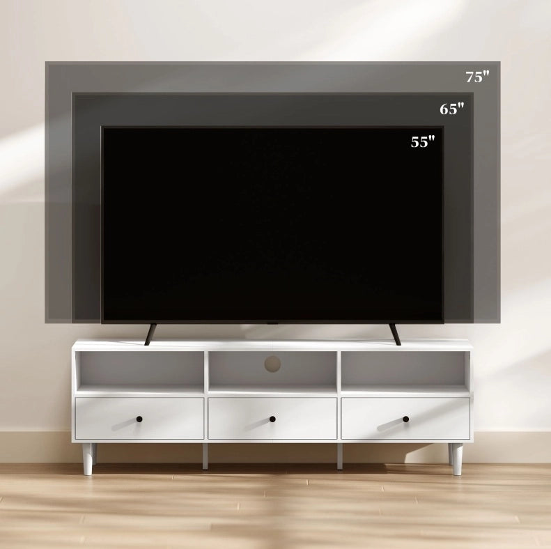 Mobile TV ULEVR 140x34x45 cm con 3 cassetti, 3 vani aperti e passacavi, bianco