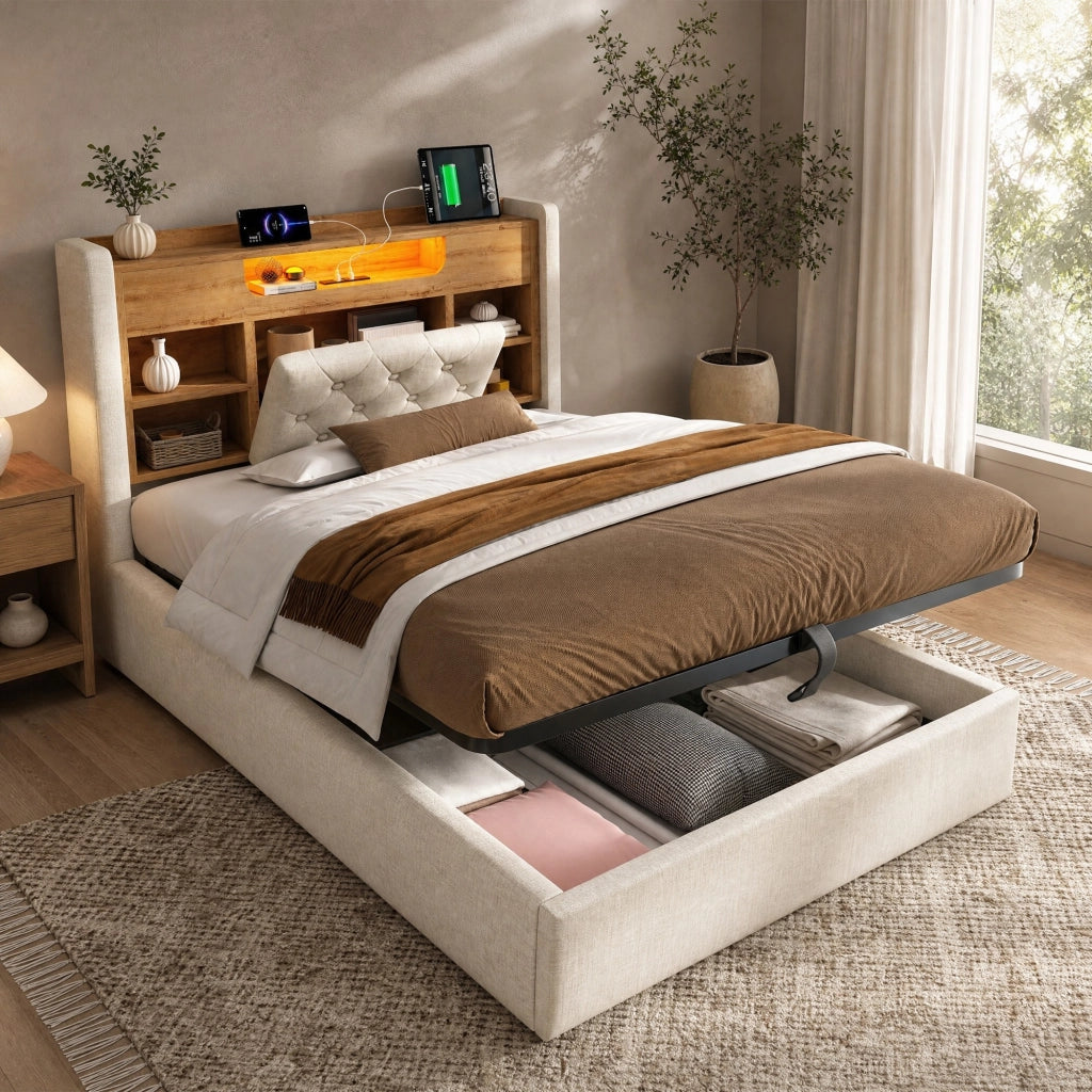 Letto imbottito 90x200 cm con contenitore idraulico, LED, USB/Type-C, testiera con ripiani, beige