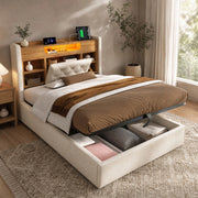 Letto imbottito 90x200 cm con contenitore idraulico, LED, USB/Type-C, testiera con ripiani, beige