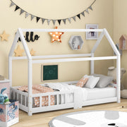 Letto per bambini a casetta 90x200 cm con lavagna e protezione anticaduta; legno bianco