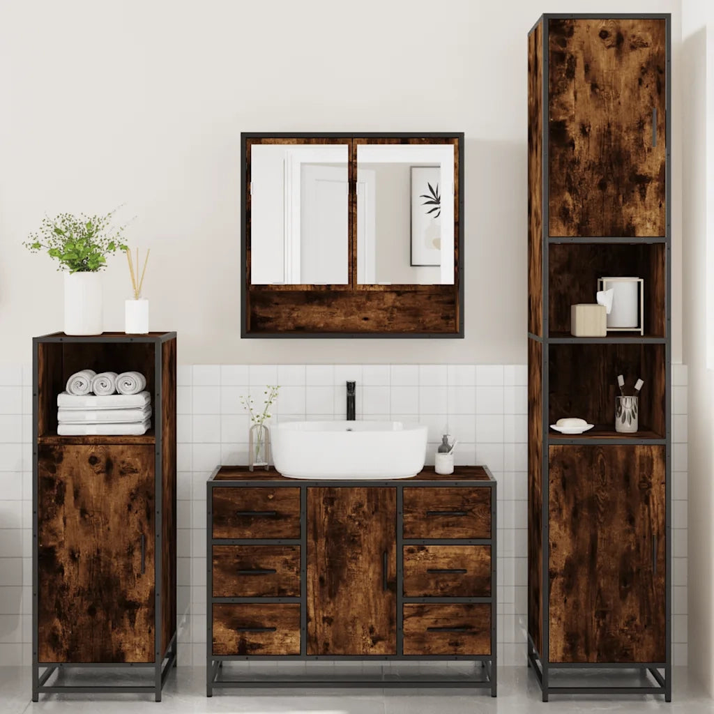 Set Mobili da Bagno 4 pz Rovere Fumo in Legno Multistrato