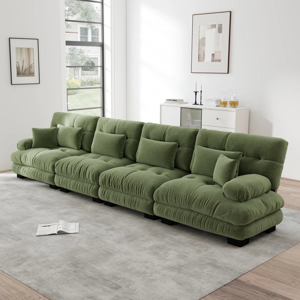 Divano angolare modulare in chenille con seduta profonda e cuscini decorativi per soggiorno verde 406 × 77 × 81 cm