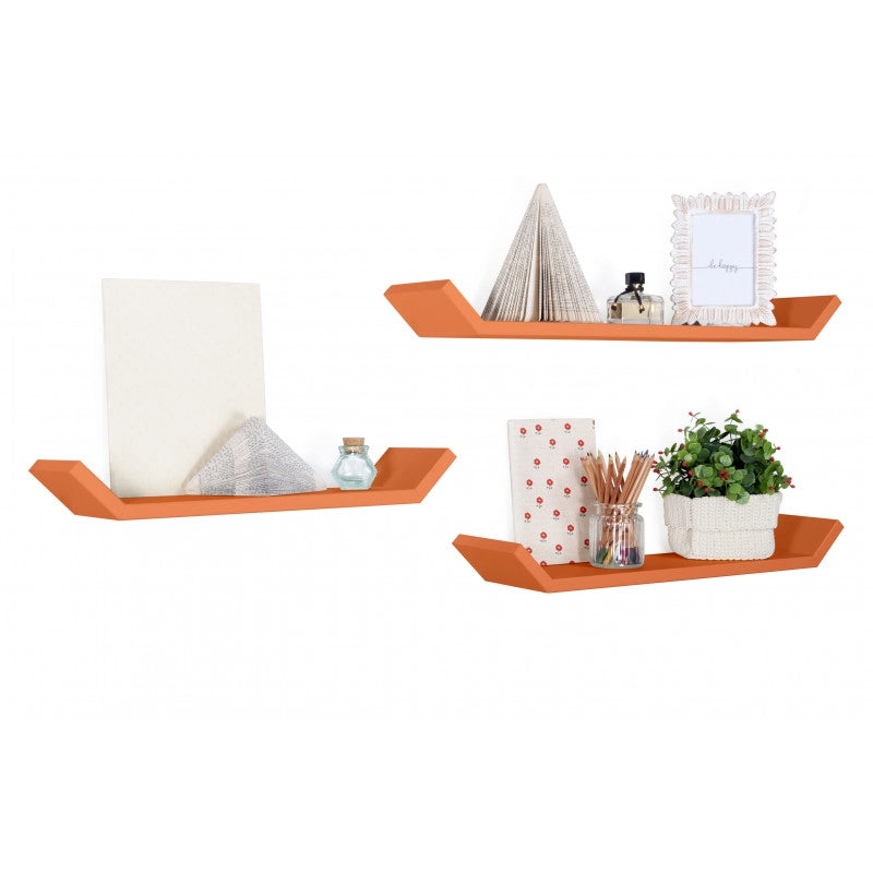 Set di 3 Mensole da Muro Barchetta, Mensola Cameretta e da Parete, Arancione, 71x7x15,5 cm, 61x7x15,5 cm e 51x7x15,5 cm - Barchetta