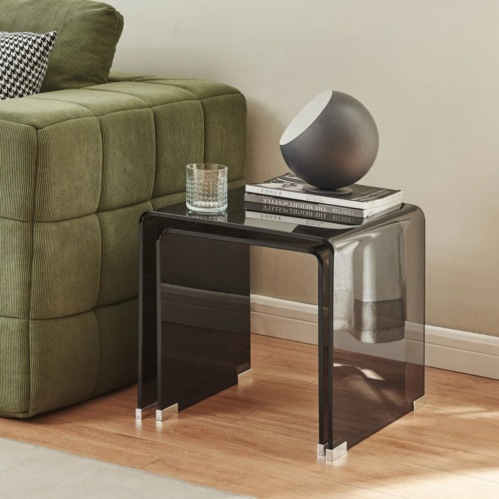 Set Kariengem di 2 Tavolini Sovrapponibili in Vetro - Grigio Scuro [en.casa]