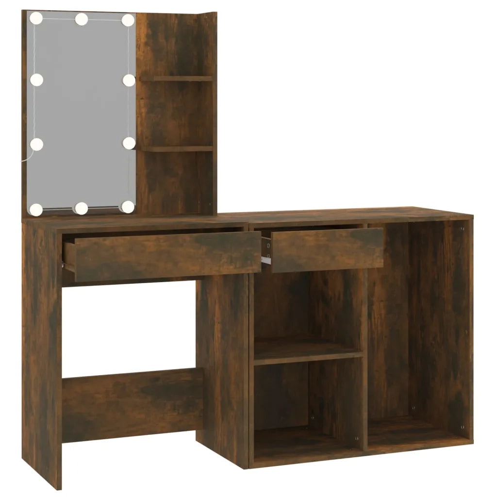 Toeletta | Tavolo da Trucco con LED e Armadietto Rovere Fumo in Legno Multistrato