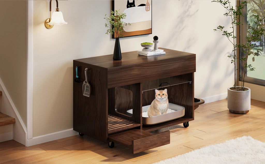 MOBILE LETTIERA GATTO 100 x 45,5 x 67 cm Noce con 2 ciotole