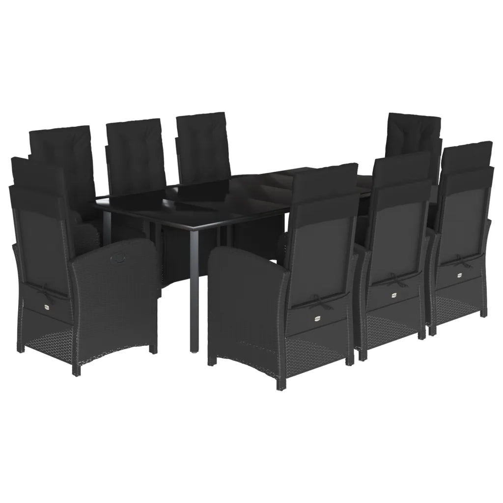 Set da Pranzo da Giardino 9 pz con Cuscini Nero in Polyrattan
