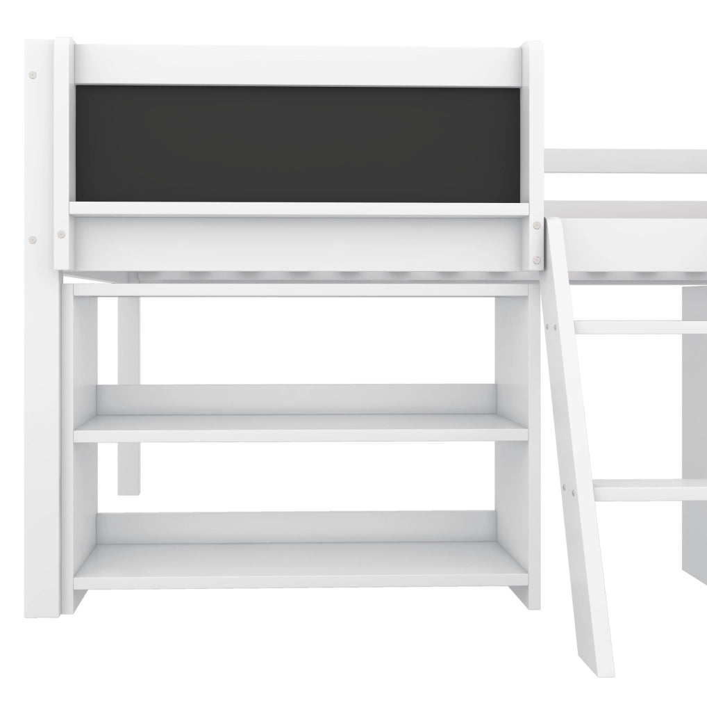 Letto semi-alto per bambini 90x200 cm bianco con ripiani, scaletta e lavagna