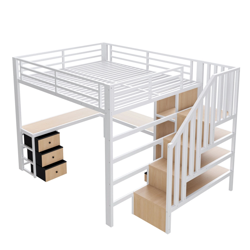 Letto a soppalco 140x200 cm in metallo e MDF bianco con scrivania; LED e contenitore