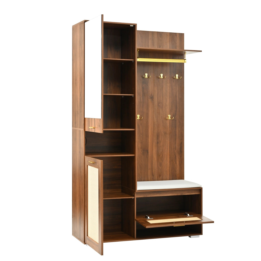 Mobile d'Ingresso con 3 Ante; Specchio; Panca e LED 16 Colori; Stile Moderno; in MDF; Noce/Bianco; 110??38??190 cm