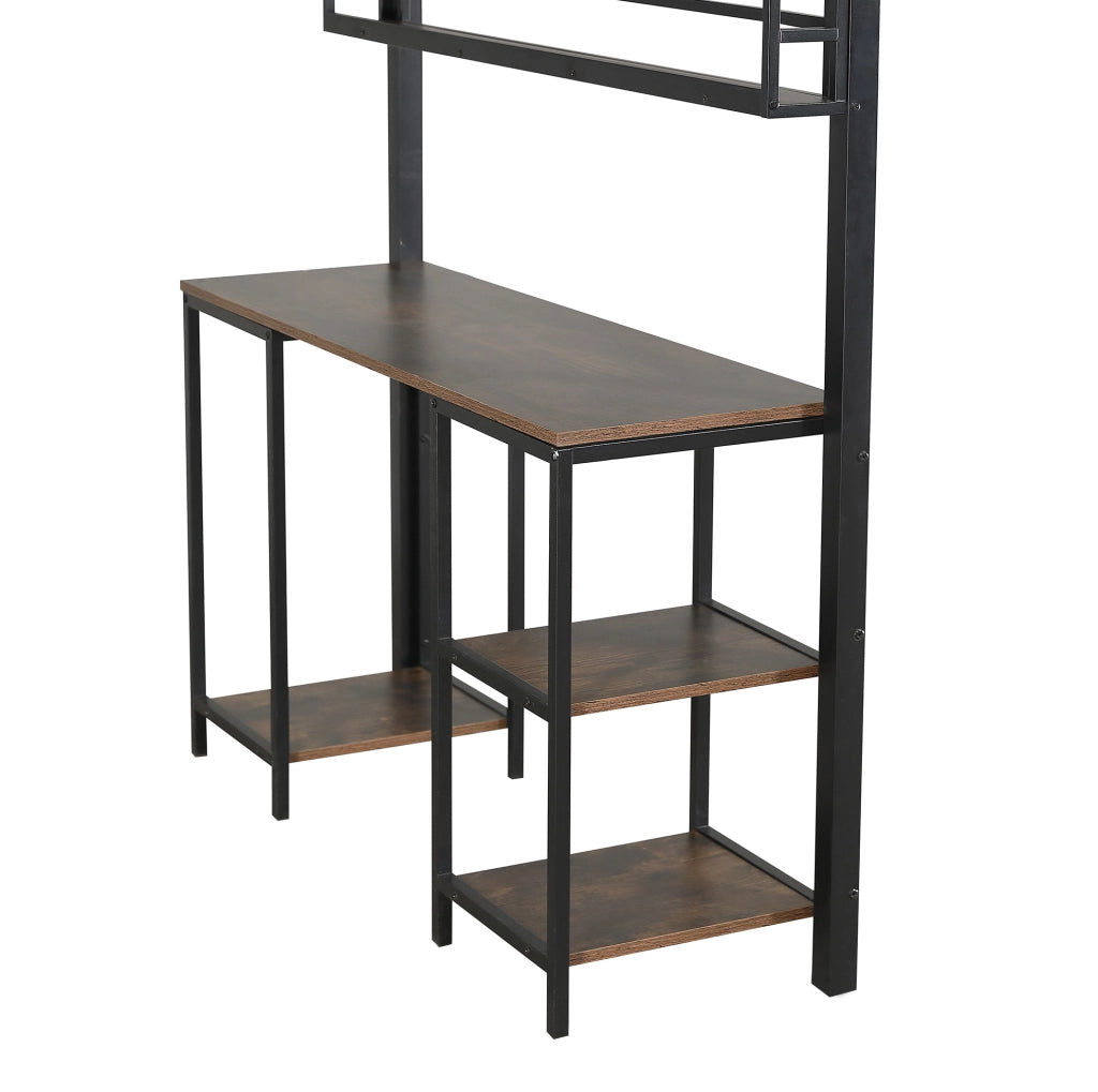 Letto a soppalco 120x200 cm con scrivania e scaffale in ferro e truciolare nero e noce scuro
