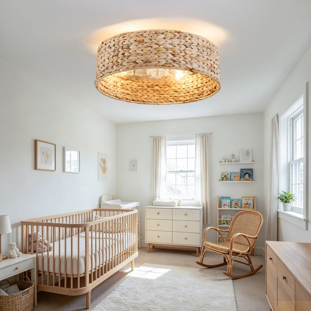 Ventilatore da soffitto con luce e paralume in rattan; 6 velocità; colore rame