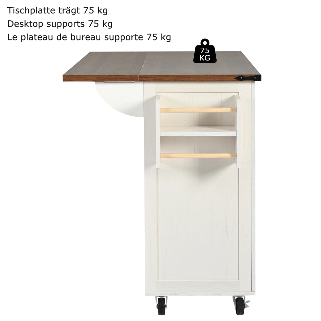 OKWISH Isola da Cucina con 4 Ante e 2 Cassetti, Piano Pieghevole, Portasciugamani e Ruote, per Cucina, MDF, Bianco