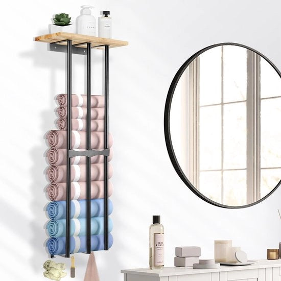 Maniglione per asciugamani bagno, supporto asciugamani bagno 83cm, supporto asciugamani in legno per bagno con appendiabiti