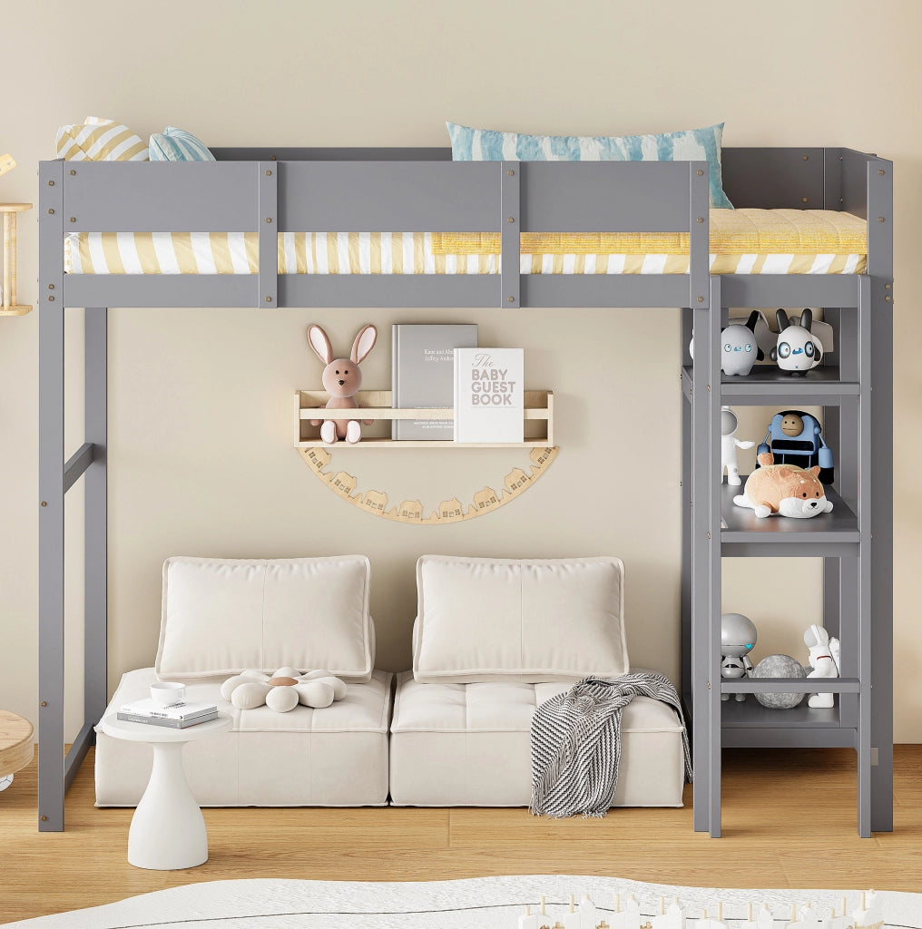 Letto a soppalco 90x200 cm con ripiano; in legno massello di pino; grigio