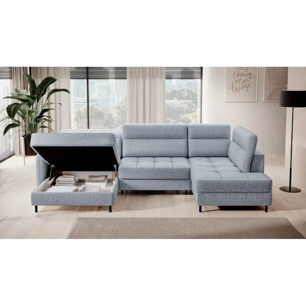 Divano angolare convertibile BERTHO 306 cm blu grigio - Angolo sinistro con contenitore