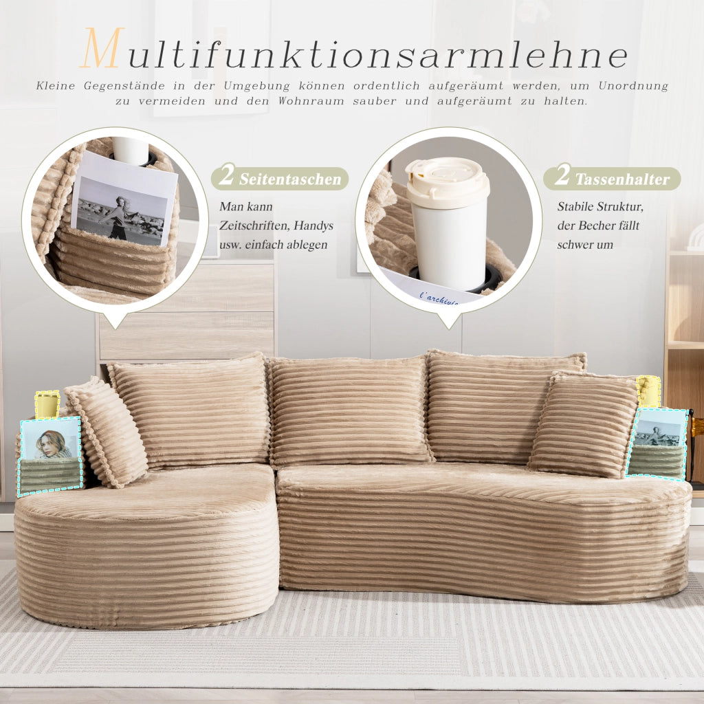 DIVANO Curvo 250x152x82 cm in tessuto corduroy Kaki con cuscino