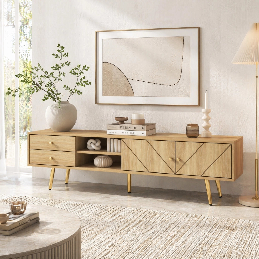 TV-Board 160 cm in legno con due cassetti, due ante e piedi metallici dorati