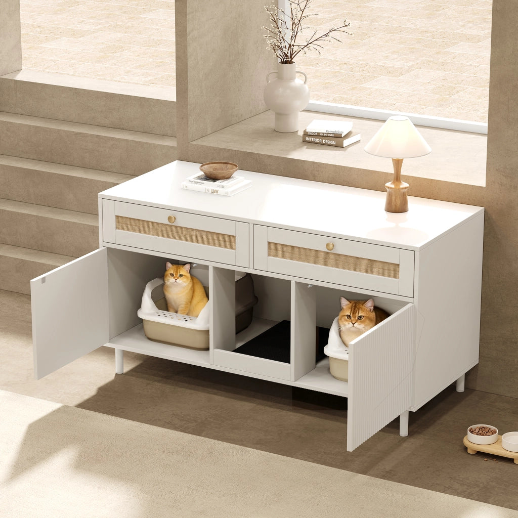 Mobile porta lettiera per gatti con doppia anta, cassetto, tappetino raccogli-sabbia, MDF bianco, 120x50x65 cm