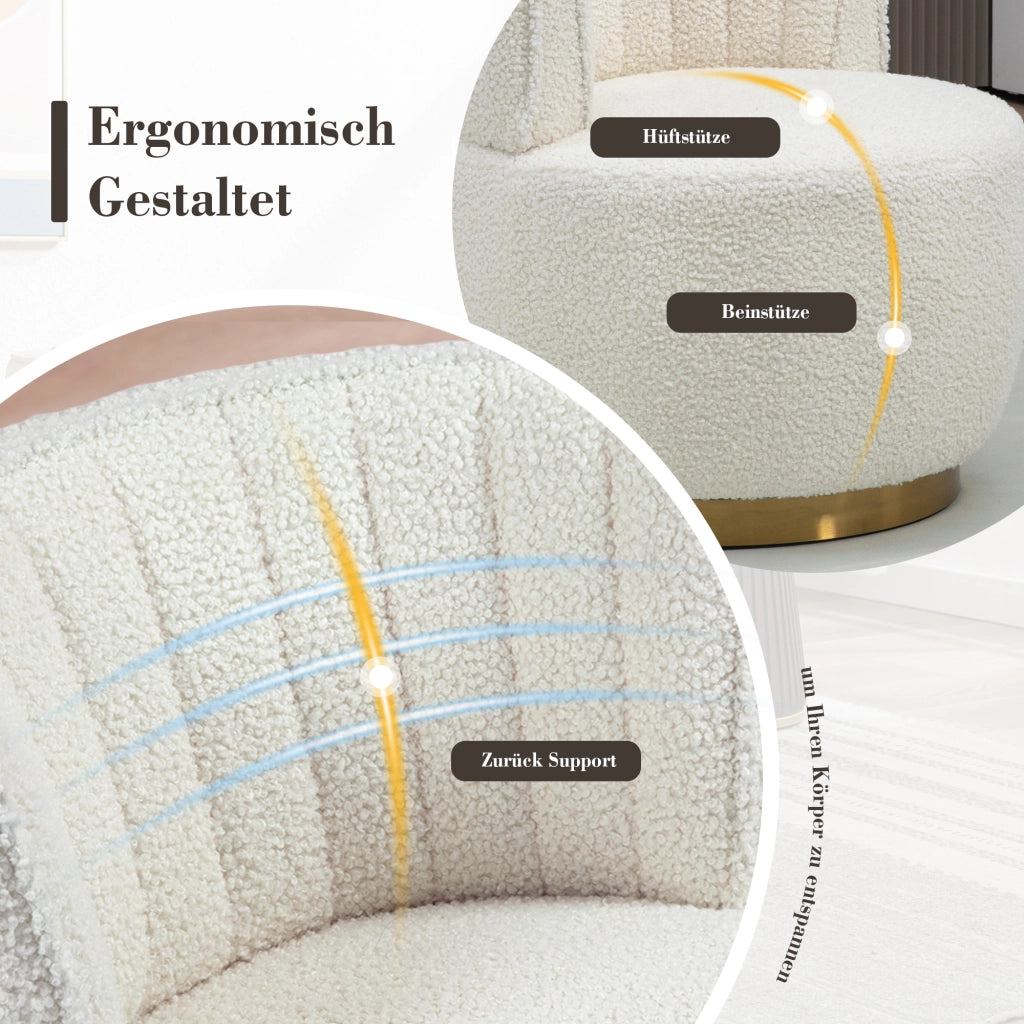 Poltrona girevole 360Â° con schienale ergonomico; seduta spessa e struttura in legno e metallo bianco
