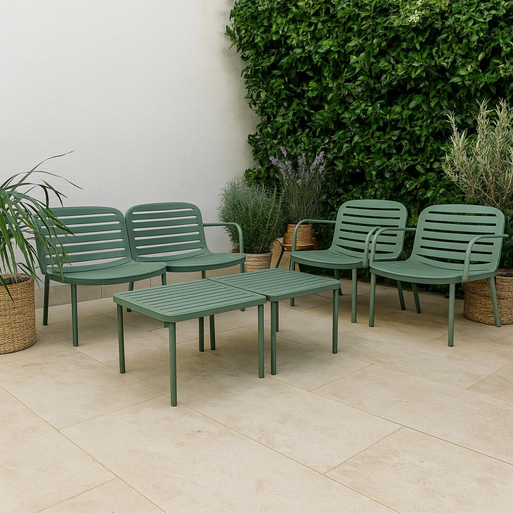 SET SALOTTO EROS IN RESINA VERDE SALVIA CON DIVANO 2 POSTI, 2 POLTRONE E 2 TAVOLI BASSI