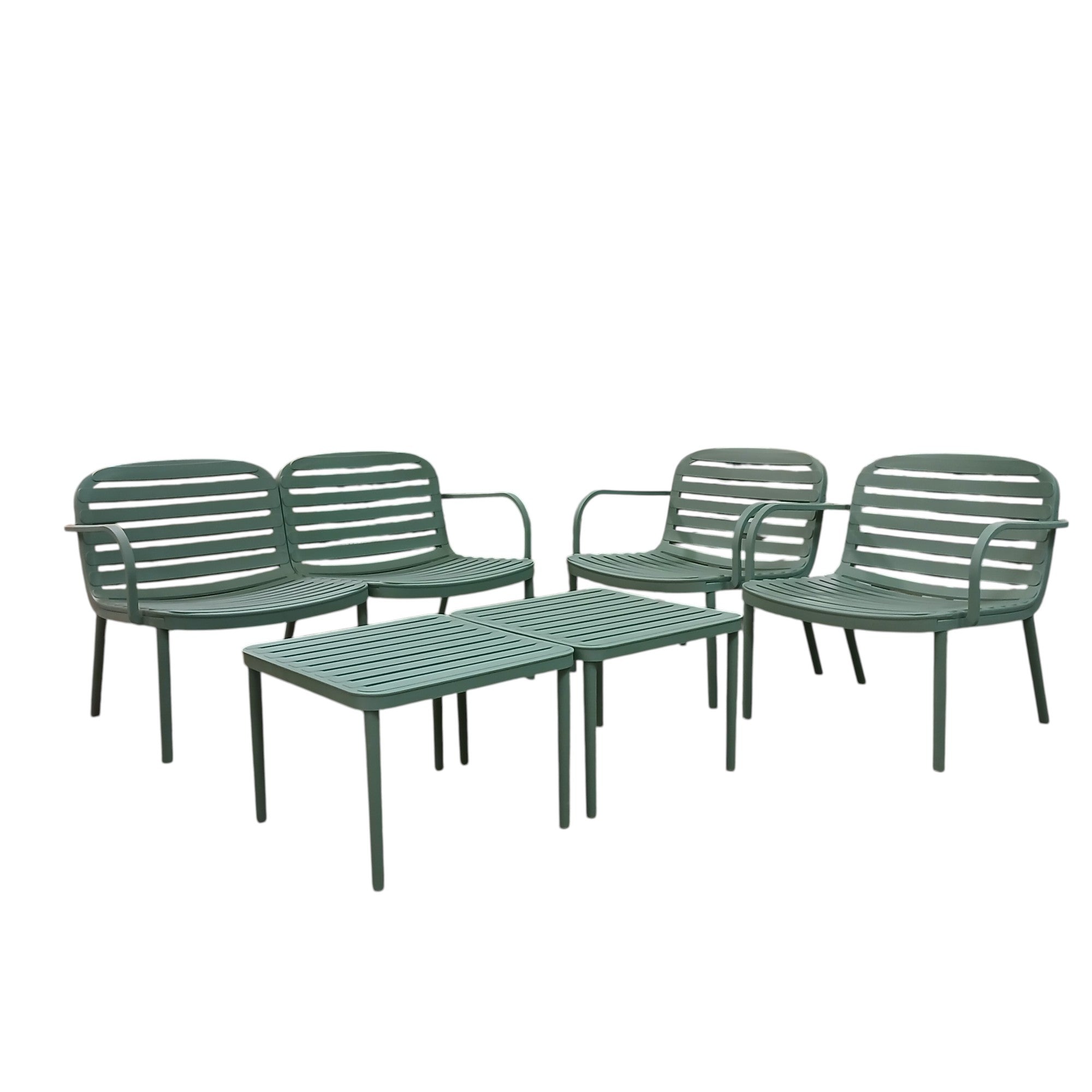 SET SALOTTO EROS IN RESINA VERDE SALVIA CON DIVANO 2 POSTI, 2 POLTRONE E 2 TAVOLI BASSI