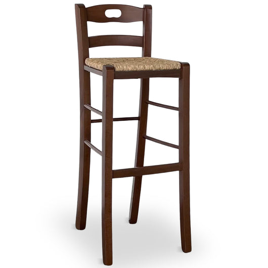Sgabello h 80 cm legno noce scuro con manico nello schienale e seduta in paglia